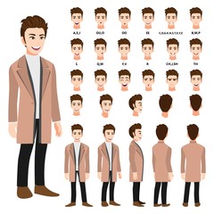 Cartoon character with business man in a long coat for animation. Front, side, back, 3-4 view character. Separate parts of body. Flat vector illustration.