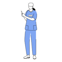 Poster - Nurse flat vector illustration. Medic with syringe cartoon character. Professional hospital midwife. Physician, doctor simple drawing. Medicine and healthcare worker isolated on white background