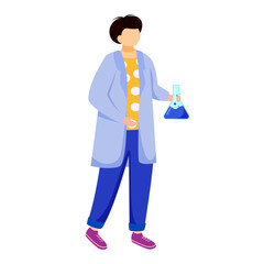 Fototapete - Science student in lab coat flat vector illustration. Boy studies medicine, chemistry. Practical lessons in university. Man with laboratory flask isolated cartoon character on white background