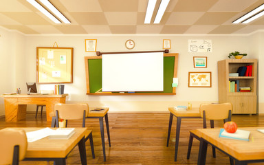 Empty school classroom in cartoon style. Education concept without students. 3d rendering interior illustration. Back to school design template.