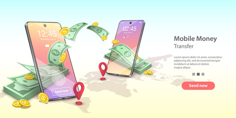 Canvas Print - Vector concept illustration of mobile money transfer. Two smartphones and bundle of the banknotes and coins are flying from one smartphone to the other. Template for website landing page.