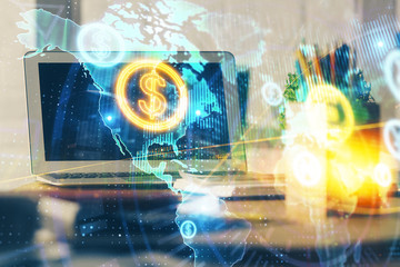 Forex market chart hologram and personal computer background. Double exposure. Concept of investment.