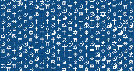 Abstract background of randomly sized religious symbols (Buddhism, Christianity, Hinduism, Islam, Judaism, Shinto, Taoism). Cultural diversity concept. CG render. Isolated on blue background