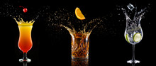 Set Of Cocktail Glasses Splashing On Black Background