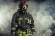 © alfa27 - brave extinguisher or fireman dressed in dark protective suit uniform, with helmet on head, using ropes, hammer and other special equipment at work