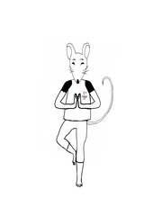  Mouse yoga on a white background - Fantasy character. Symbol of 2020. Contour drawing mouse yoga (rat), coloring page. One Element. Seamless pattern for printing on fabric, wrapping paper, postcard