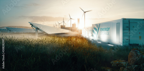 Fotografía Smart grid renewable energy system solution for future smart cities at sunset