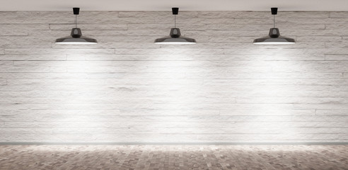 Wall Mural - Empty room with three retro lamps hanging from ceiling with brown hardwood floor and white brick backwall with copy space - gallery or architecture template