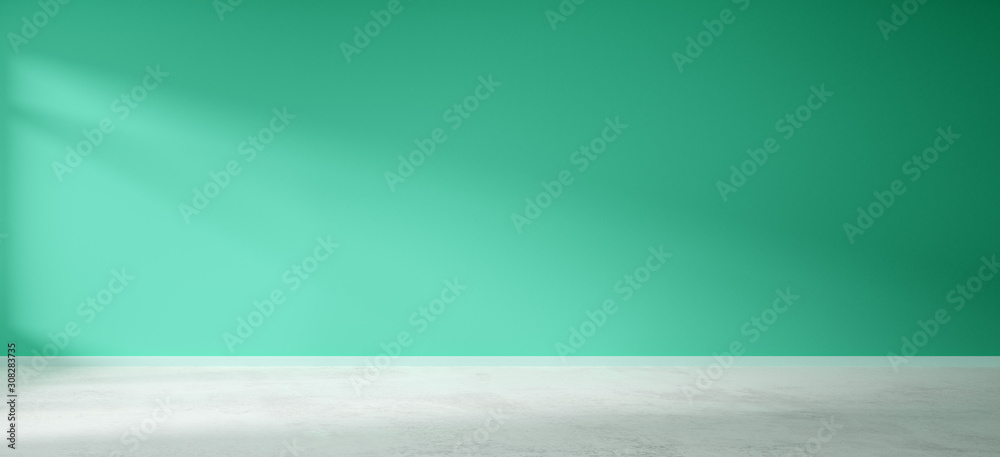Empty room with blank green wall with shadow from window and grey concrete floor - presentation or gallery architecture background element - obrazy, fototapety, plakaty 