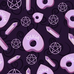 Seamless pattern with purple crystals, pentagrams and ouija planchettes. Repetitive background with amethyst minerals and wicca magic objects.