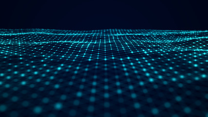 Leinwandbilder - Futuristic abstract mesh. Wave with the connection of luminous points and lines. 3D rendering.