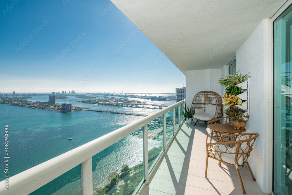 Amazing balcony apartment view of Port Miami FL USA - obrazy, fototapety, plakaty 