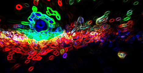 Fototapete - abstract geometric volumetric composition with flying bright luminous elements, neon colors, 3d render