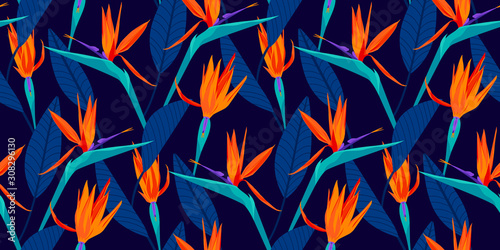 bird-of-paradise-tropical-floral-seamless-pattern-with-trends-fashion-colors-pantone-color-of-the-year-2020-lush-lava-aqua-menthe-and-phantom-blue