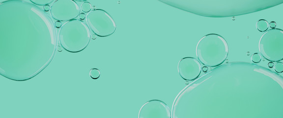 Poster - Beauty concept background. Closeup cosmetic liquid gel with bubbles on green colors background. 3d rendering illustration.