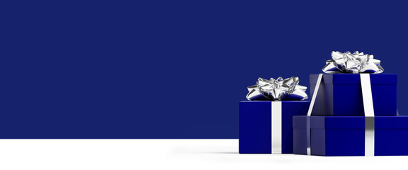 Wall Mural - Merry Christmas and Happy New Year web banner. Deep blue gifts box and silver bow ribbon on deep blue background. 3d rendering illustration.