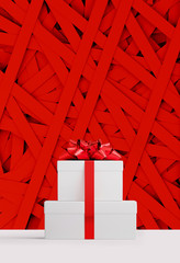 Poster - Merry Christmas and Happy New Year web banner. White gifts box and red bow ribbon on random red paper strip background. 3d rendering illustration.