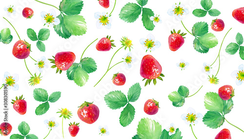 イチゴの水彩イラスト 葉と花と実をちりばめたパターン Adobe Stock でこのストックイラストを購入して 類似のイラストをさらに検索 Adobe Stock