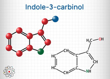 Indole-3-carbinol Molecule, Is Found In Cruciferous Vegetables Such As Broccoli, Cabbage, Cauliflower, Brussels Sprouts, Cabbage Greens And Kale. Sheet Of Paper In A Cage
