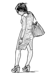 Sticker - Sketch of casual young woman on high heels standing on street on summer day