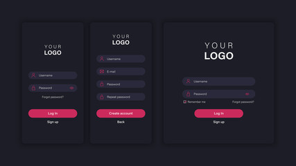 Mobile login screen for app and site. Interface elements
