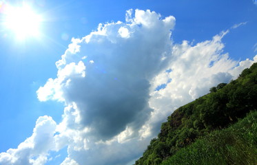 blue sky with clouds and sun