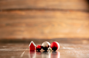 Wall Mural - Little house and Christmas toys on wooden table