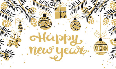 Canvas Print - Happy New Year quote, vector text and Christmas balls for the design of greeting cards, photo overlays, prints, posters. Hand drawn letters.