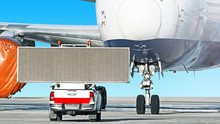 Modern Airplane At Airport And Follow Me Maintenance Car With Information Banner Against Blue Sky Background. Front Closeup Wide View Of Passenger Jet Aircraft With Empty Copy Space Billboard