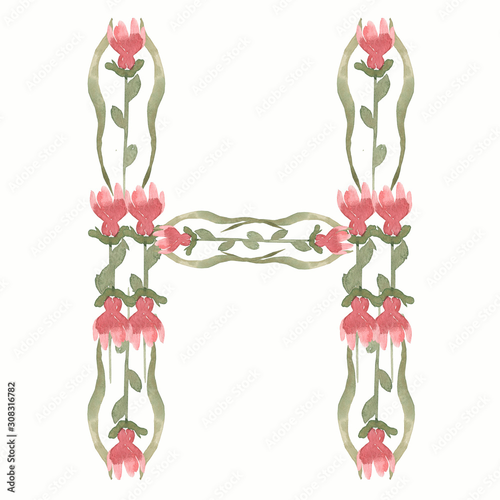 Watercolor Floral Monogram Letter H. hand drawn ABC alphabet ...