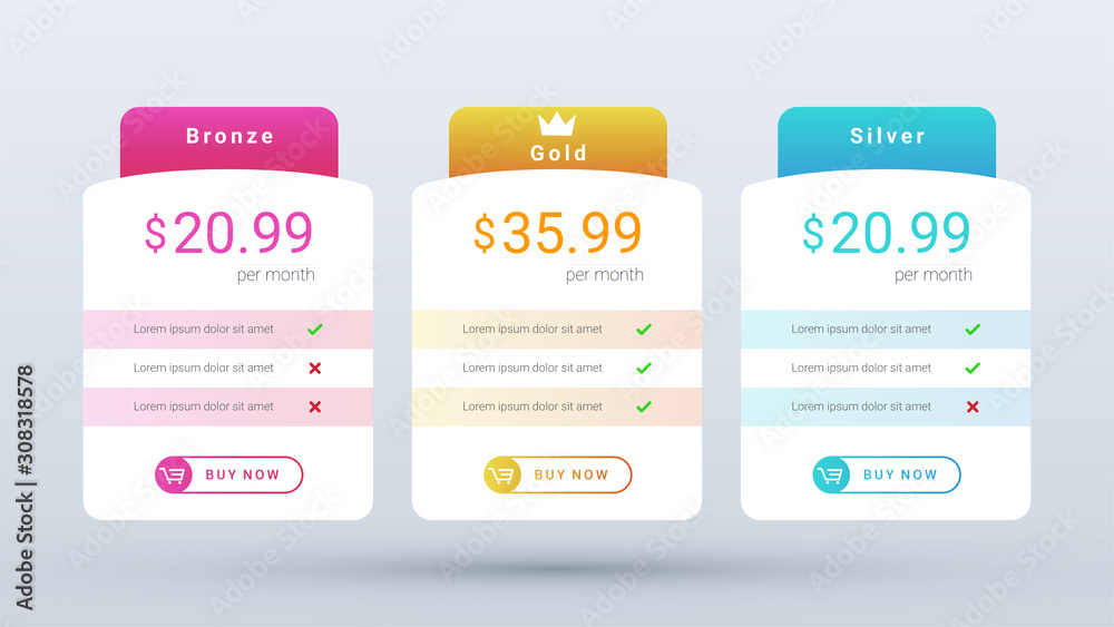 modern and clean pricing table plan with vibrant gradient color for web ...