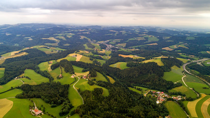 Aerial view Gemeinde Zobern. Aspang-Markt is market town in Lower Austria. Bucklige Welt is region in southeast Austria. Land of thousand hills Bucklige Welt is hill country area eastern edge of Alps.