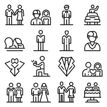 Groom Icons Set. Outline Set Of Groom Vector Icons For Web Design Isolated On White Background