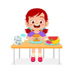 happy cute kid girl eat healthy food