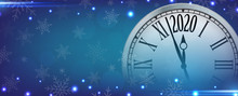 Vector 2020 Happy New Year With Retro Clock On Snowflakes Blue Background