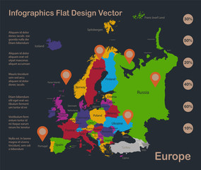 Naklejka na meble Infographics Europe map, flat design colors, with names of individual states, blue background with orange points vector