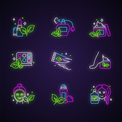 Poster - Organic cosmetics neon light icons set. Lipstick. Perfume, fragrance. Skincare cream. Eyeshadow kit. Facial mask. Shampoo. Deodorant. Natural products. Glowing signs. Vector isolated illustrations