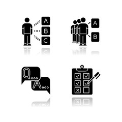 Poster - Survey drop shadow black glyph icons set. Personal questioning. Mass poll. Group test. FAQ sign. Question and answer. Written checklist. Share opinion. Tick checkbox. Isolated vector illustrations