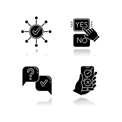 Sticker - Survey drop shadow black glyph icons set. Correct answer, approve option. Yes and no button click. Question and answer. FAQ sign. Online feedback. Approve and disapprove. Isolated vector illustrations