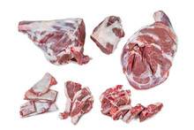 Fresh And Raw Sheep Or Lamb Meat Pieces For Sale On Box From The Farm . On White Background