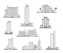 Vector Hand Drawn Black And White Illustration Of Set Of Modern City Residential And Commercial Buildings And Skyscrapers. Urban Or Cityscape Landscapes.