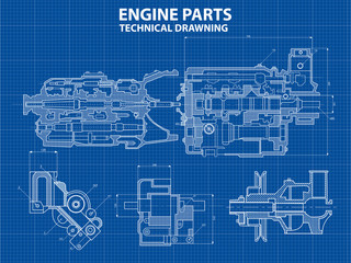 Sticker - Technical blue background with drawings of details and mechanisms.Engine line drawing background. Vector illustration