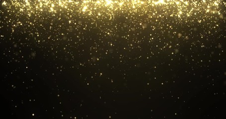 Poster - Gold glitter background with sparkle shine light confetti effect. Falling down glittering lights.  Luminous glittering light flare overlay black background. Golden radiance shimmer texture of falling 