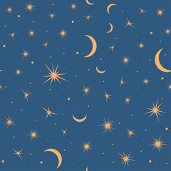 seamless pattern with suns, moons and stars. vector gold and blue illustration. print could be used 