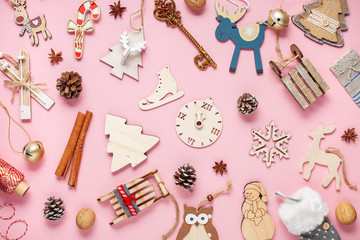  Zero waste Christmas concept . Wooden Christmas decorations without plastic. Flat lay. Top view