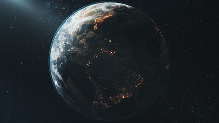 Wall Mural - earth view from space rotation night to day transition. sunrise sunset skyline. realistic planet orb
