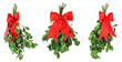 Three bunches of fresh green mistletoe tied with bright red Christmas bows. Isolated on white.