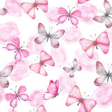 Watercolor seamless pattern with pink butterflies and spots.