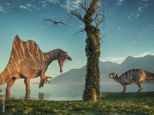 Obrazy dinozaury  spinozaur-i-iguanodon