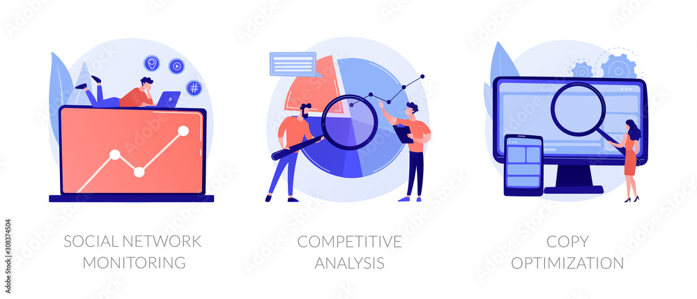 Internet advertisement analytics icons set. SEO solutions search. Social network monitoring, competitive analysis, copy optimization metaphors. Vector isolated concept metaphor illustrations. - obrazy, fototapety, plakaty 